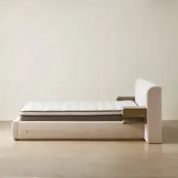 Riviera Powder White Chenille Fabric Queen Bed with Medium Brown Ash Veneer