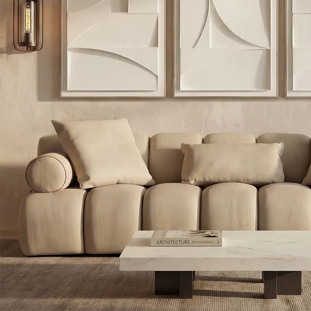 Elva Champagne Beige Leather 3-Seater Sofa