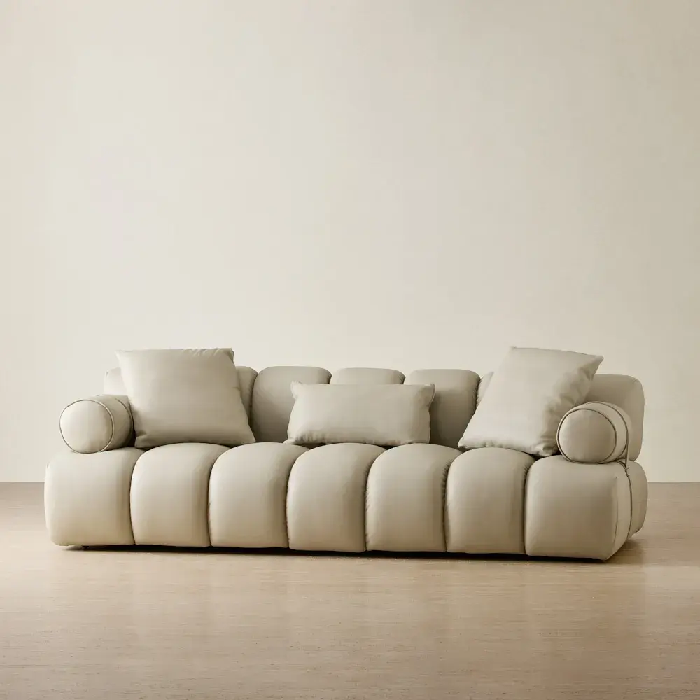Elva Champagne Beige Leather 3-Seater Sofa