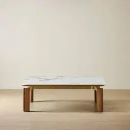 Portobello Toffee Brown Ash Veneer 37cm Square Coffee Table - Pandora Brown Sintered Stone Top