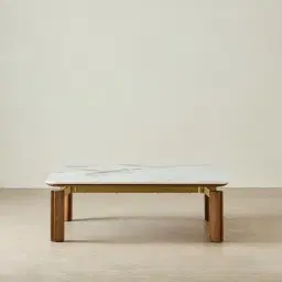 Portobello Toffee Brown Ash Veneer 37cm Square Coffee Table - Pandora Brown Sintered Stone Top