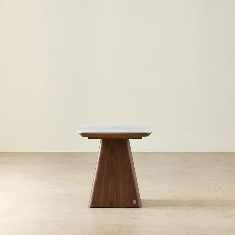 Dunstan Smoky Walnut Veneer Side Table with Statuario White Sintered Stone Top