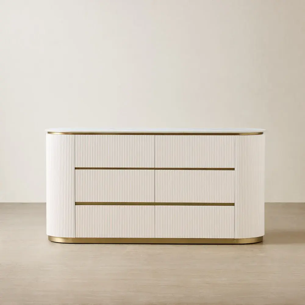 Archie White Sintered Stone 6-Drawer Dresser - White Ribbing