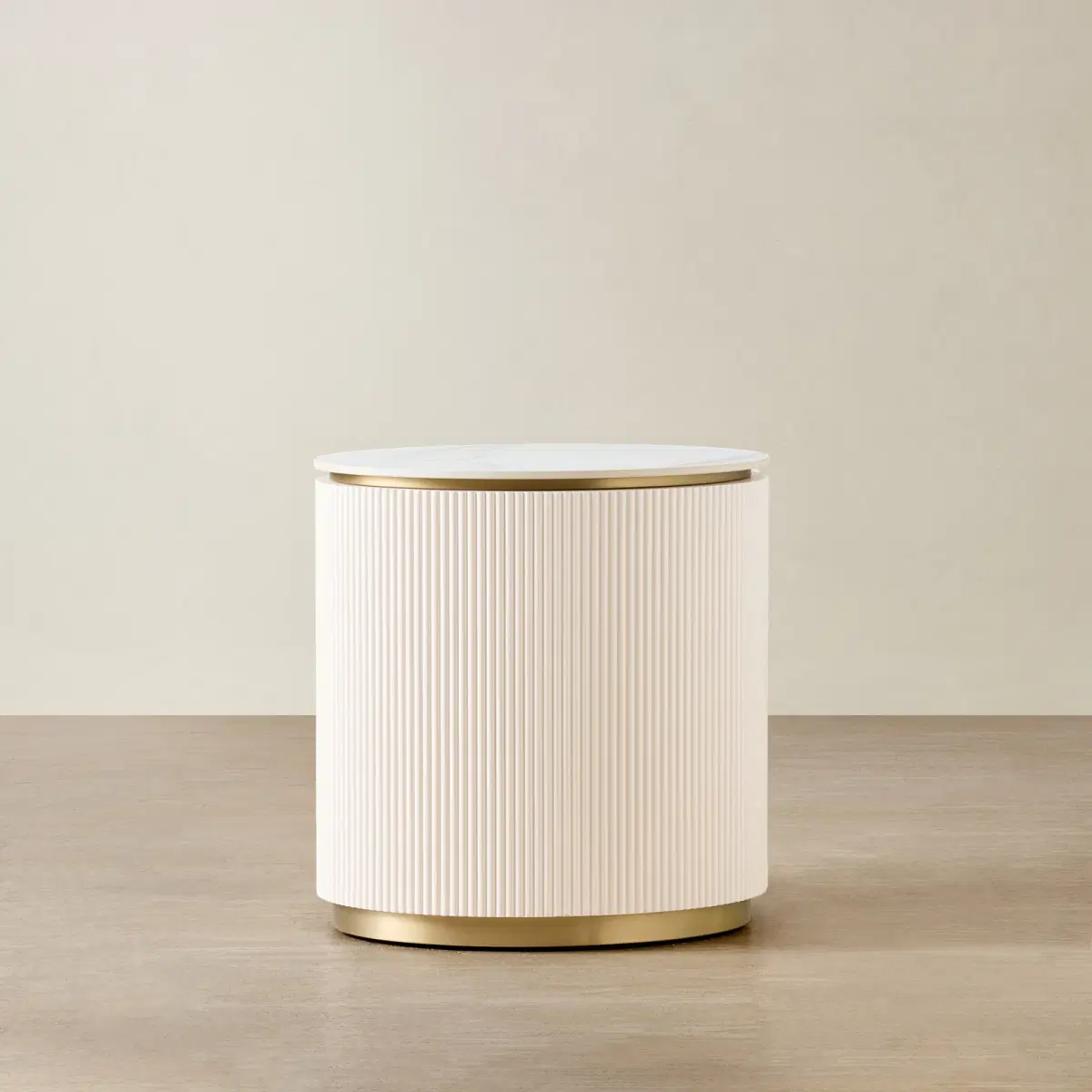 Archie Cream Wooden Oval Bedside Table with White Sintered Stone Top ...