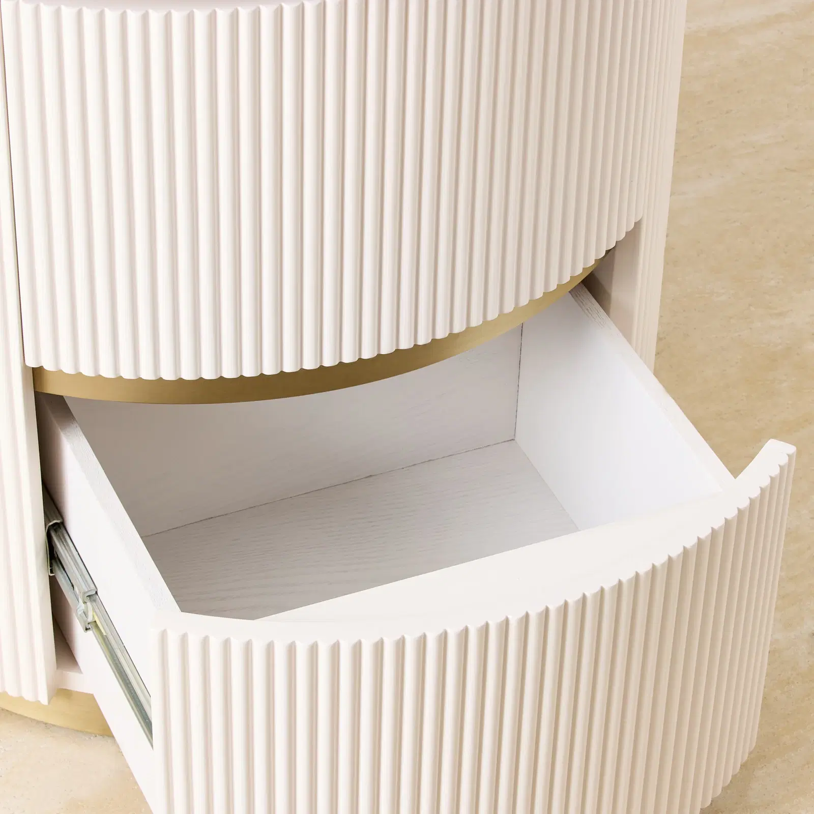 Archie Cream Wooden Oval Bedside Table with White Sintered Stone Top ...