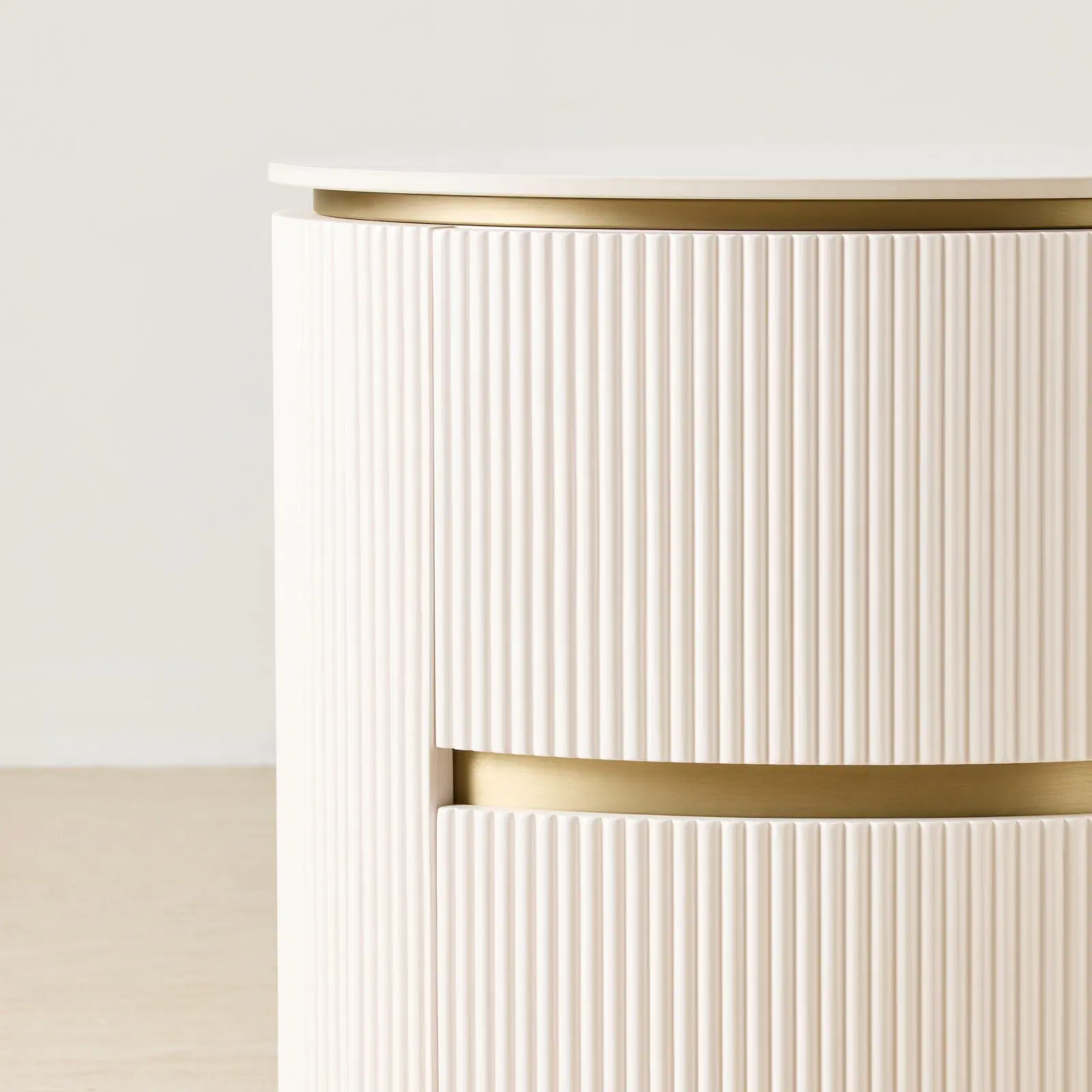 Archie Cream Wooden Oval Bedside Table with White Sintered Stone Top ...