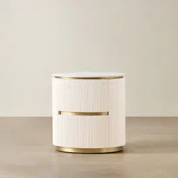 Archie Cream Wooden Oval Bedside Table with White Sintered Stone Top