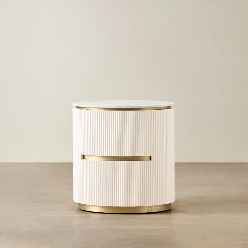 Archie Cream Wooden Oval Bedside Table with White Sintered Stone Top ...