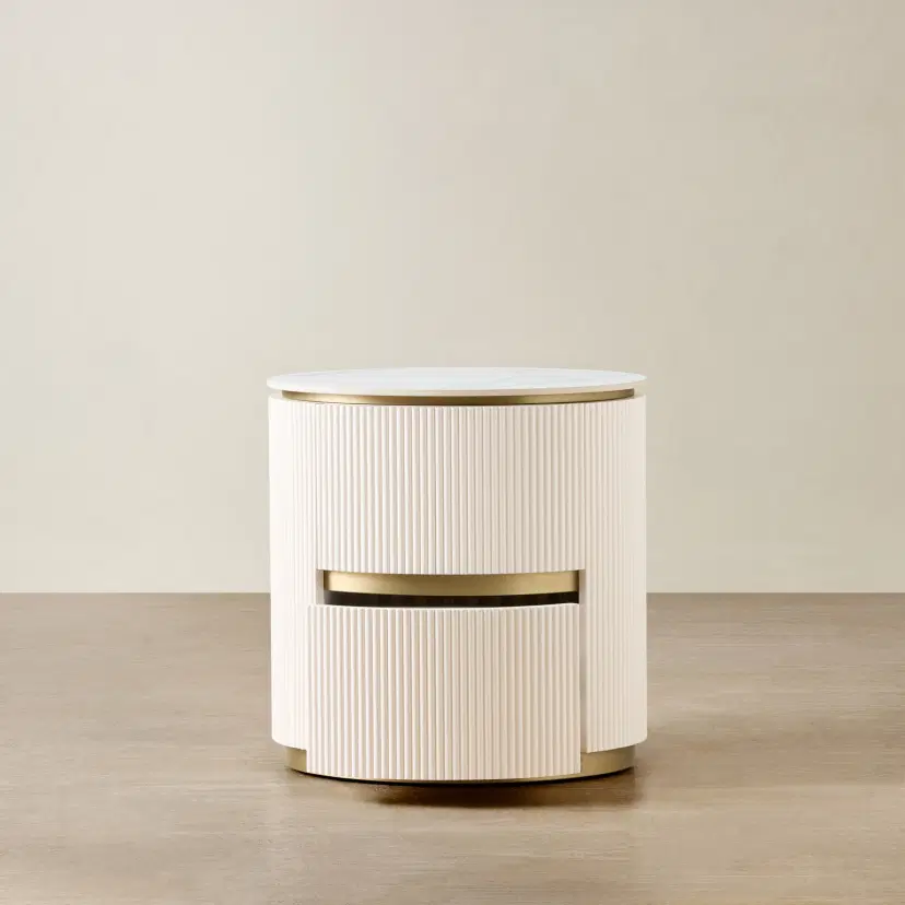 Archie Cream Wooden Oval Bedside Table with White Sintered Stone Top ...