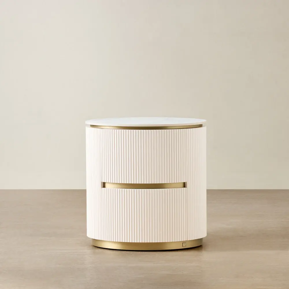 Archie White Sintered Stone Oval Bedside Table - White Ribbing