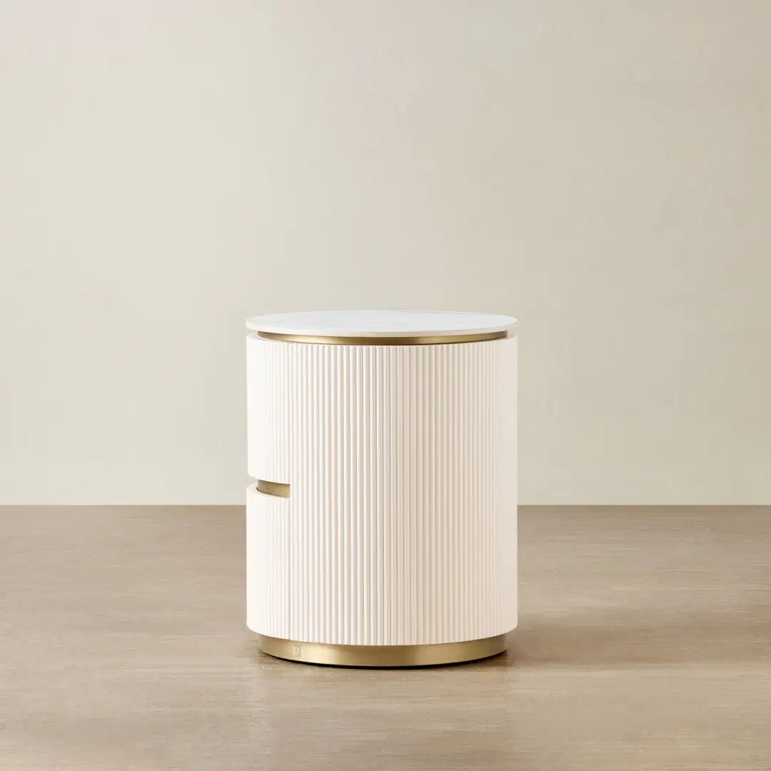 Archie Cream Wooden Oval Bedside Table with White Sintered Stone Top ...