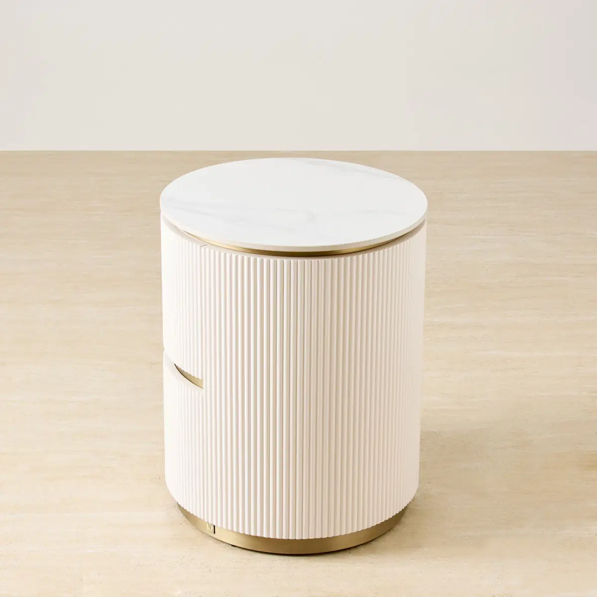 Archie Cream Wooden Oval Bedside Table with White Sintered Stone Top ...