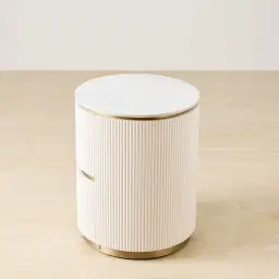 Archie Cream Wooden Oval Bedside Table with White Sintered Stone Top