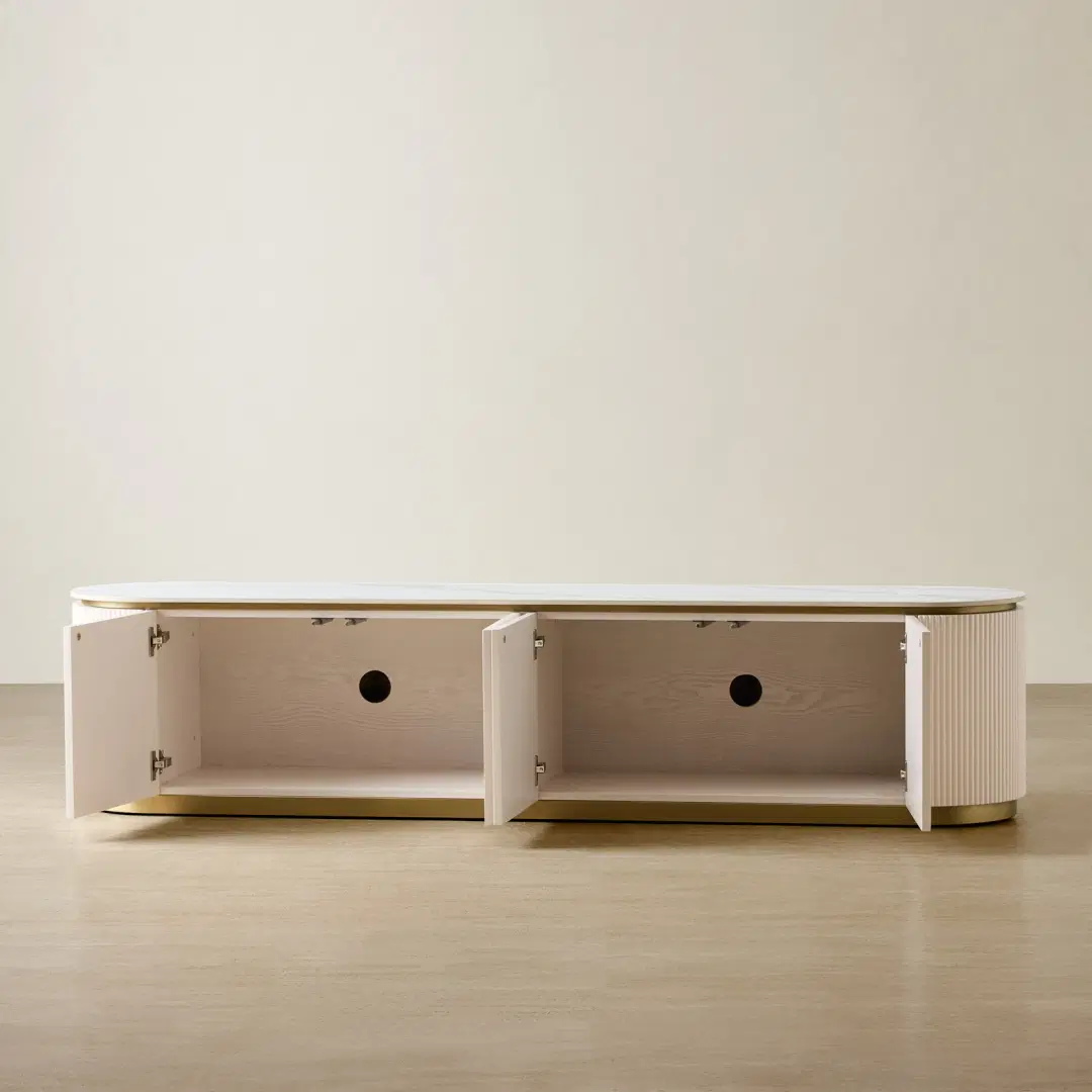 Archie Cream Wooden Entertainment Unit with White Sintered Stone Top ...