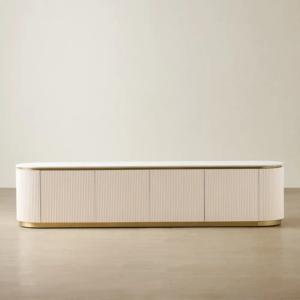 Archie White Sintered Stone Entertainment Unit - White Ribbing