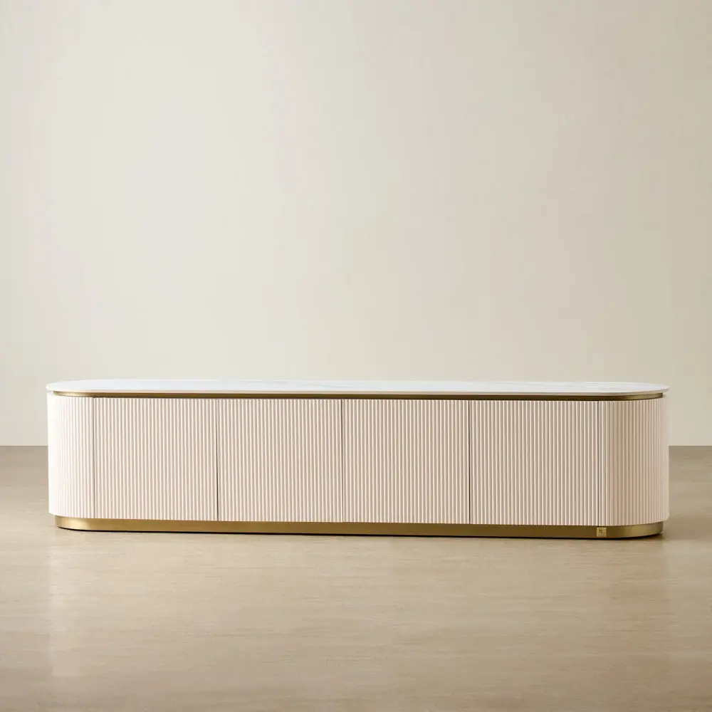 Archie White Sintered Stone Entertainment Unit - White Ribbing