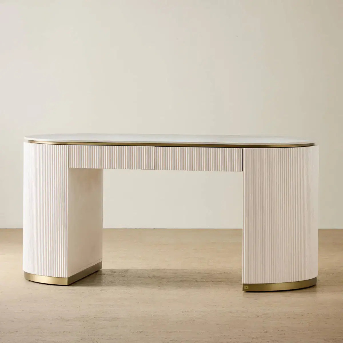 Archie Cream Wooden Study Desk with White Sintered Stone Top | Koala Living