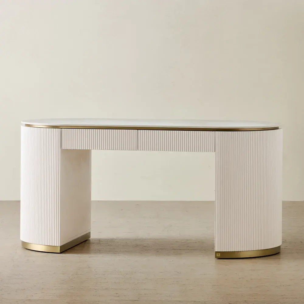 Archie White Sintered Stone Study Desk - White Ribbing