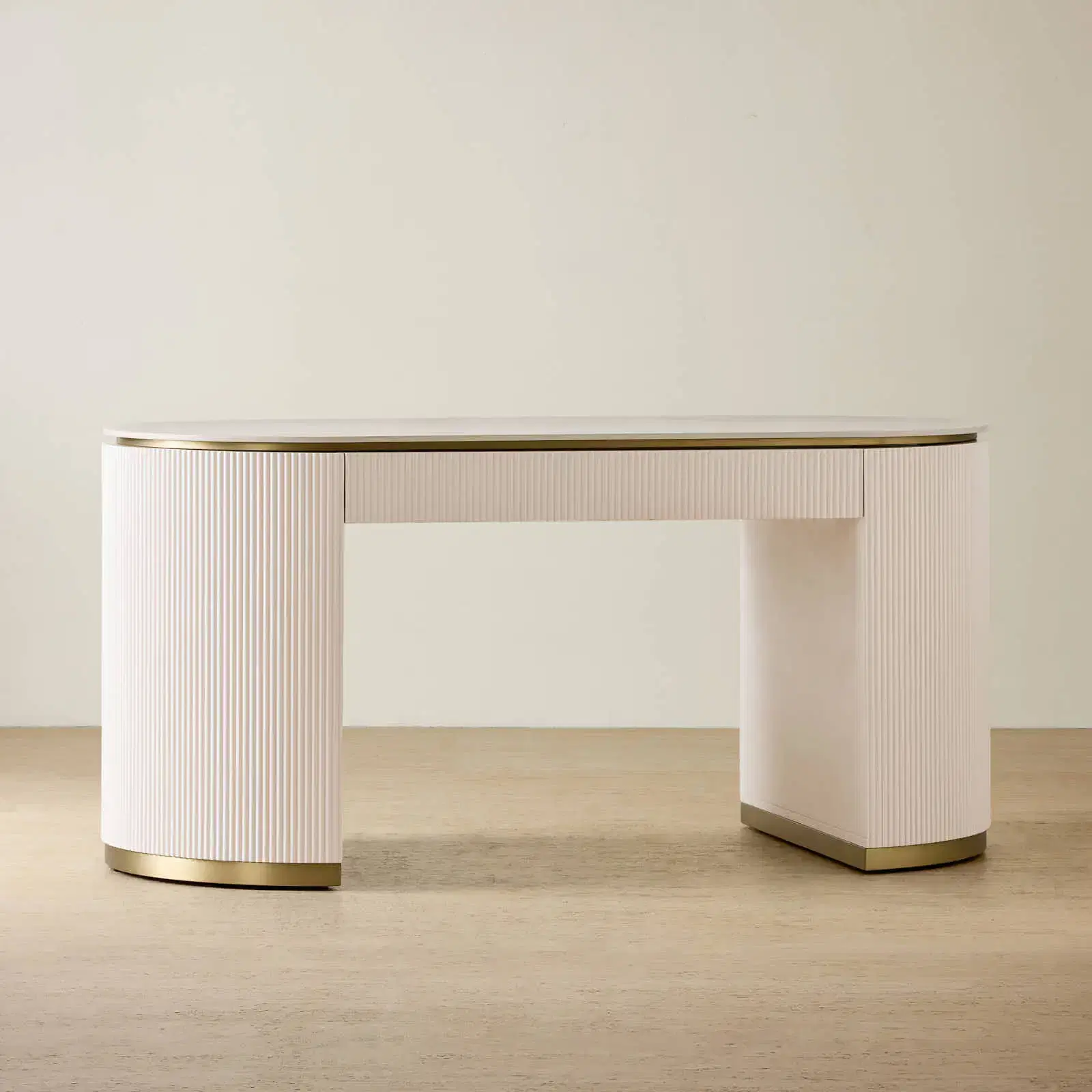 Archie Cream Wooden Study Desk with White Sintered Stone Top | Koala Living