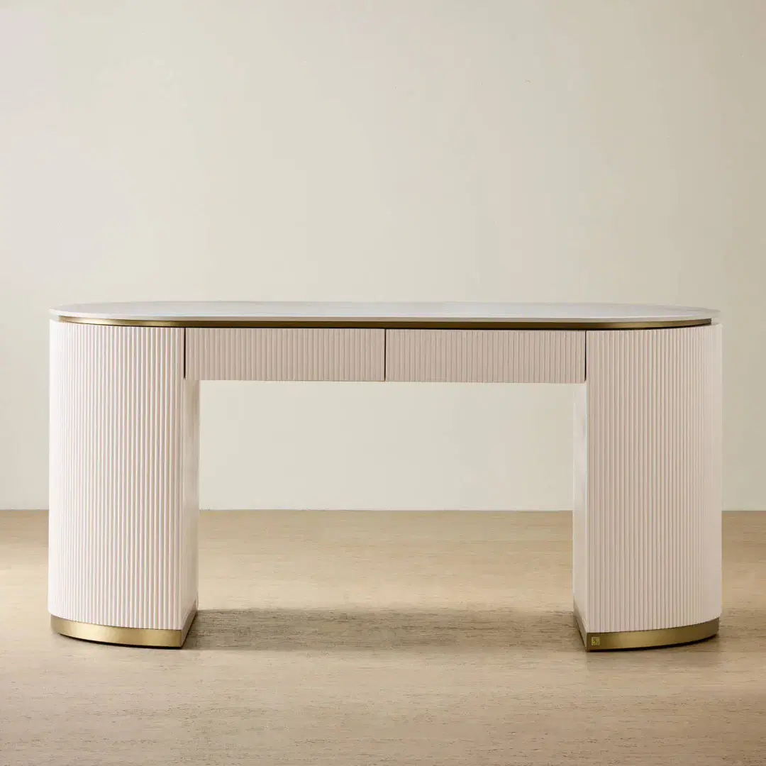 Archie Cream Wooden Study Desk with White Sintered Stone Top | Koala Living