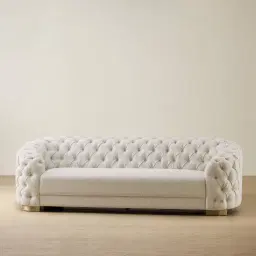 Kelly Stone White Fabric 3-Seater Sofa - Champagne Gold Legs