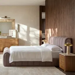 San Pierre Light Brown Ash Veneer Bedside Table with Travertine Finish Sintered Stone Top