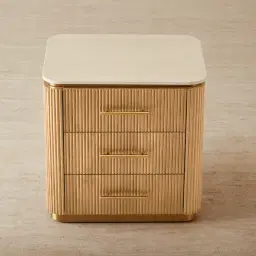 San Pierre Light Brown Ash Veneer Bedside Table with Travertine Finish Sintered Stone Top