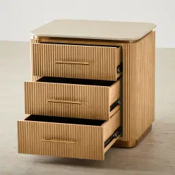 San Pierre Light Brown Ash Veneer Bedside Table with Travertine Finish Sintered Stone Top