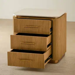 San Pierre Light Brown Ash Veneer Bedside Table with Travertine Finish Sintered Stone Top