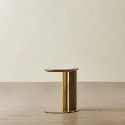 Sir Lionell Gliding White Sintered Stone Side Tray Table - Walnut Brown Wooden Leg