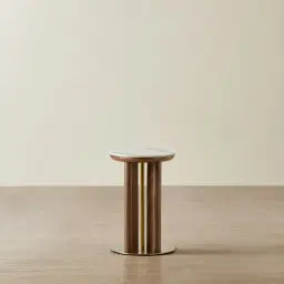 Sir Lionell Gliding White Sintered Stone Side Tray Table - Walnut Brown Wooden Leg