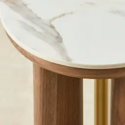 Sir Lionell Gliding White Sintered Stone Side Tray Table - Walnut Brown Wooden Leg