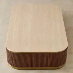 San Pierre Walnut Veneer Curved Rectangular Coffee Table with Travertine Finish Sintered Stone Top