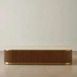 San Pierre Walnut Veneer Curved Rectangular Coffee Table with Travertine Finish Sintered Stone Top