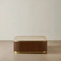 San Pierre Walnut Veneer Curved Rectangular Coffee Table with Travertine Finish Sintered Stone Top