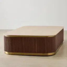 San Pierre Walnut Veneer Curved Rectangular Coffee Table with Travertine Finish Sintered Stone Top