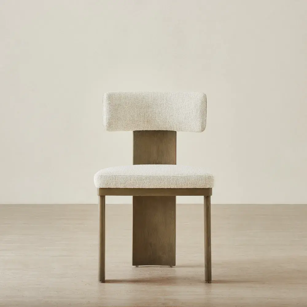 Isadora Isabelline White Fabric Dining Chair - Medium Brown Solid Wooden Legs