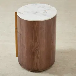 Sir Lionell Gliding White Sintered Stone Bedside Table - Walnut Brown Wooden Leg	