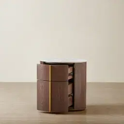 Sir Lionell Gliding White Sintered Stone Bedside Table - Walnut Brown Wooden Leg	