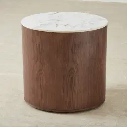 Sir Lionell Gliding White Sintered Stone Bedside Table - Walnut Brown Wooden Leg	