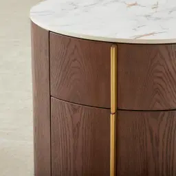 Sir Lionell Gliding White Sintered Stone Bedside Table - Walnut Brown Wooden Leg	