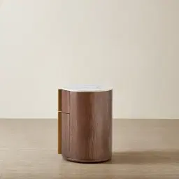 Sir Lionell Gliding White Sintered Stone Bedside Table - Walnut Brown Wooden Leg	