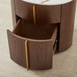 Sir Lionell Gliding White Sintered Stone Bedside Table - Walnut Brown Wooden Leg	