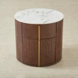 Sir Lionell Gliding White Sintered Stone Bedside Table - Walnut Brown Wooden Leg	