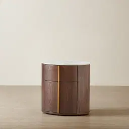 Sir Lionell Gliding White Sintered Stone Bedside Table - Walnut Brown Wooden Leg	