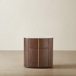 Sir Lionell Gliding White Sintered Stone Bedside Table - Walnut Brown Wooden Leg	