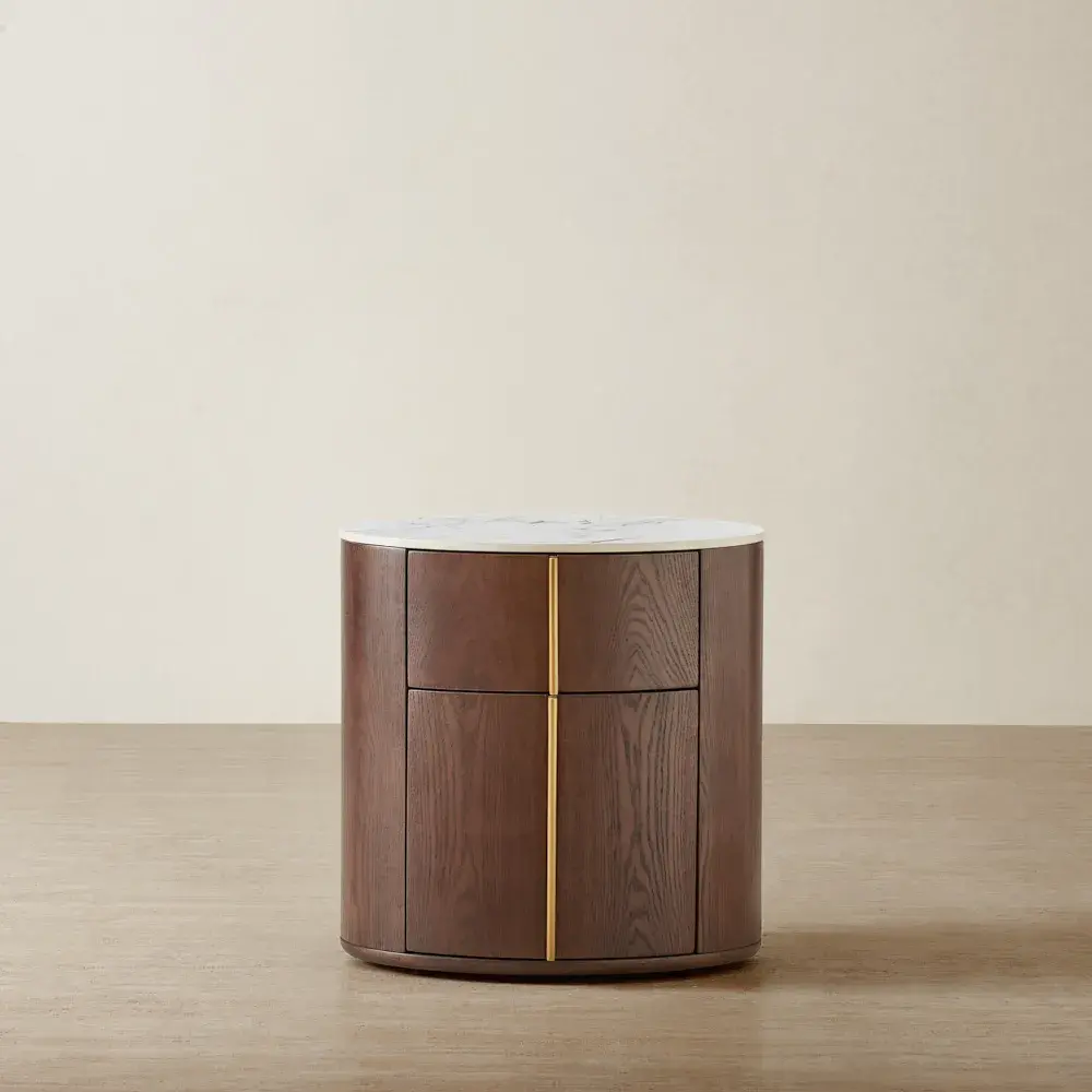 Sir Lionell Gliding White Sintered Stone Bedside Table - Walnut Brown Wooden Leg	