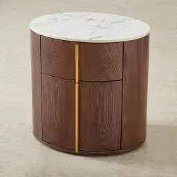 Sir Lionell Gliding White Sintered Stone Bedside Table - Walnut Brown Wooden Leg	