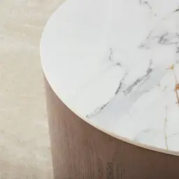 Sir Lionell Gliding White Sintered Stone Bedside Table - Walnut Brown Wooden Leg	