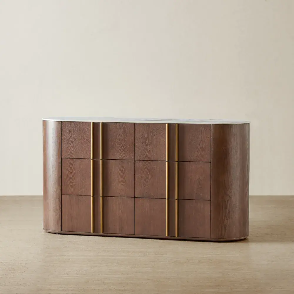 Sir Lionell Gliding White Sintered Stone Dresser - Walnut Brown Wooden Leg